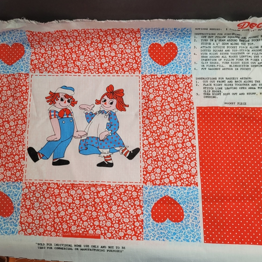 Vintage Raggedy Ann, Andy, and Arthur Decorative Pillow Fabric Panel Pattern 174